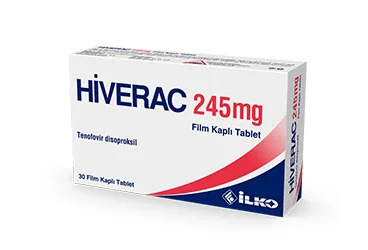 HIVERAC 245 MG 30 FILM KAPLI TABLET kutu fotoğrafı, film kaplı tablet formunda tenofovir disoproksil içerir. Üretici: İLKO İLAÇ SAN. VE TİC. A.Ş.