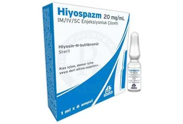 Hiyosin-n-butilbromür içeren çözelti: HIYOSPAZM 20 MG/ML IM/SC/IV ENJEKSIYONLUK ÇOZELTI ambalajı. Üretici: POLİFARMA İLAÇ SAN. VE TİC. A.Ş.