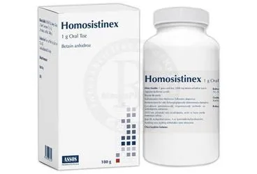 Betain içeren toz: HOMOSISTINEX 1 G ORAL TOZ (180 G) ürün ambalajı. Üretici: ASSOS İLAÇ KİMYA GIDA ÜRÜNLERİ ÜRETİM VE TİC. A.Ş.