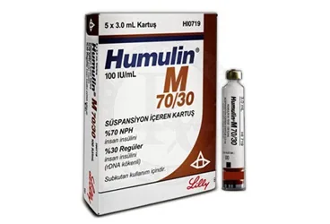 Insülin human -hızlı orta etkili kombine içeren HUMULIN-M PREFIL 70/30 100 IU/ML 3 ML 5 KARTUS ambalajı. Üretici: LİLLY İLAÇ TİCARET LİMİTED ŞİRKETİ.