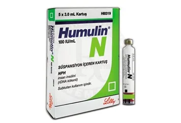 HUMULIN-NPH 100 IU/ML 3 ML 5 KARTUS kutusu. Etkin maddesi insülin human -orta etkili. Üretici: LİLLY İLAÇ TİCARET LİMİTED ŞİRKETİ.