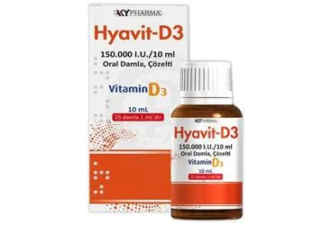 HYAVIT-D3 150.000 I.U./10 ML ORAL DAMLA, COZELTI (10 ML) (vitamin d3) ürün ambalajı, çözelti. Üretici: AKY PHARMA İLAÇ GIDA KOZMETİK SANAYİ VE TİCARET LİMİTED ŞİRKETİ.
