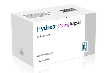 Hidroksiüre içeren kapsül: HYDREA 500 MG 100 KAPSÜL kutusu. Üretici: DEVA HOLDİNG ANONİM ŞİRKETİ.