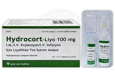 HYDROCORT-LIYO 100 MG IM/IV AMPUL kutu fotoğrafı, ampul formunda hidrokortizon içerir. Üretici: KOÇAK FARMA İLAÇ VE KİMYA SANAYİ A.Ş.