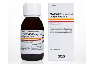 HYDRYLLIN 14 MG/ 5 ML COMPOUND 100 ML SURUP ürün ambalajı. Difenhidramin kombinasyonları içeren şurup. Üretici: ALİ RAİF İLAÇ SANAYİ A.Ş.