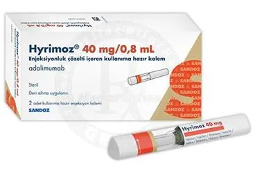 HYRIMOZ 40 MG/0.8 ML ENJEKSIYONLUK COZELTI ICEREN KULLANIMA HAZIR KALEM (2 ADET) kutu fotoğrafı, çözelti formunda adalimumab içerir. Üretici: SANDOZ İLAÇ SANAYİ VE TİCARET A.Ş.