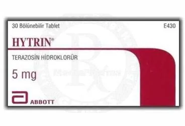 Terazosin içeren tablet: HYTRIN 5 MG 30 TABLET ambalajı. Üretici: ABBOTT LABORATUARLARI İTHALAT İHRACAT VE TİCARET LİMİTED ŞİRKETİ.