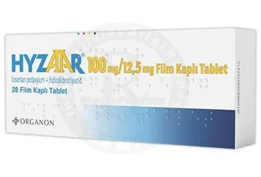 HYZAAR 100/12,5 MG 28 FILM KAPLI TABLET kutu fotoğrafı, film kaplı tablet formunda losartan potasyum + hidroklortiyazid içerir. Üretici: ORGANON TURKEY İLAÇLARI LİMİTED ŞİRKETİ.