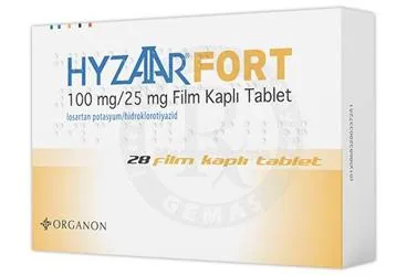 HYZAAR FORT 100 MG/25 MG FİLM KAPLI TABLET (28 TABLET) ürün ambalajı. Losartan potasyum + hidroklortiyazid içeren film kaplı tablet. Üretici: ORGANON TURKEY İLAÇLARI LİMİTED ŞİRKETİ.