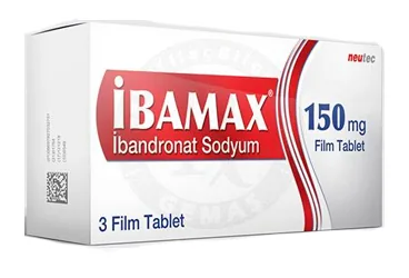 IBAMAX 150 MG 3 FILM TABLET kutu fotoğrafı, film kaplı tablet formunda ibandronik asit içerir. Üretici: NEUTEC İLAÇ SANAYİ TİCARET ANONİM ŞİRKETİ.