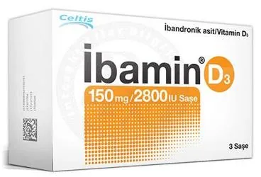 IBAMIN D3 150 MG/2800 IU 3 SAŞE kutusu. Ibandronik asit + vitamin d3 içeren saşe. Üretici: CELTİS İLAÇ SANAYİ VE TİCARET ANONİM ŞİRKETİ.