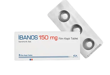 IBANOS 150 MG 3 FILM TABLET kutu fotoğrafı. Ibandronik asit içeren film kaplı tablet. Üretici: GENVEON İLAÇ SANAYİ VE TİCARET ANONİM ŞİRKETİ.