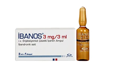 IBANOS 3 MG/3 ML IV ENJEKSIYONLUK COZELTI (ibandronik asit) ambalajı, çözelti. Üretici: GENVEON İLAÇ SANAYİ VE TİCARET ANONİM ŞİRKETİ.