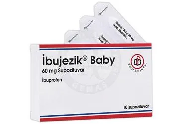IBUJEZIK BABY 60 MG SUPOZITUVAR (10 ADET) kutu fotoğrafı, supozituvar formunda ibuprofen içerir. Üretici: BERAT BERAN İLAÇ SAN. VE TİC. LTD. ŞTİ.