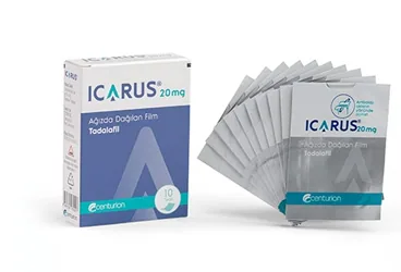 ICARUS 20 MG AGIZDA DAGILAN FILM (10 SASE) kutusu, saşe formunda tadalafil içerir. Üretici: CENTURİON İLAÇ SANAYİ VE TİCARET ANONİM ŞİRKETİ.