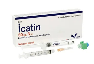 ICATIN 30MG/3ML COZELTI ICEREN KULLANIMA HAZIR ENJEKTOR (ikatibant) kutu fotoğrafı, çözelti. Üretici: VEM İLAÇ SAN. VE TİC. ANONİM ŞİRKETİ.