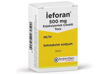 IEFORAN 500 MG ENJEKSIYONLUK COZELTI TOZU kutu fotoğrafı. Sefotaksim sodyum içeren çözelti. Üretici: MENARİNİ SAĞLIK VE İLAÇ SANAYİ TİCARET ANONİM ŞİRKETİ.