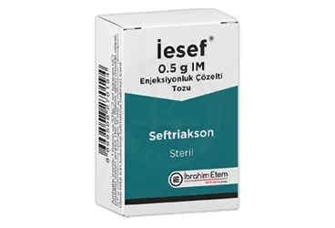 IESEF 0.5 G IM ENJEKSIYONLUK COZELTI TOZU (seftriakson) kutu fotoğrafı, çözelti. Üretici: MENARİNİ SAĞLIK VE İLAÇ SANAYİ TİCARET ANONİM ŞİRKETİ.