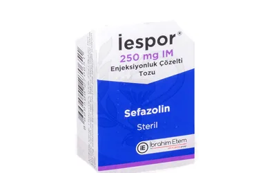 IESPOR 250 MG IM ENJEKSIYONLUK COZELTI TOZU (1 AMPUL) (sefazolin sodyum) ürün ambalajı, çözelti. Üretici: MENARİNİ SAĞLIK VE İLAÇ SANAYİ TİCARET ANONİM ŞİRKETİ.