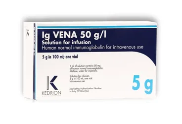 IG VENA 5G/100 ML IV İNFÜZYON İÇİN ÇÖZELTİ ambalajı. Immünglobülin içeren çözelti. Üretici: KEDRİON BETAPHAR BİYOFARMASÖTİK İLAÇ SANAYİ VE TİCARET ANONİM ŞİRKETİ.