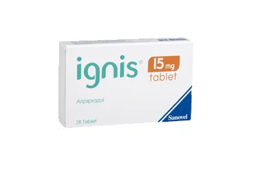 IGNIS 15 MG 28 TABLET kutusu. Aripiprazol içeren tablet. Üretici: SANOVEL İLAÇ SANAYİ VE TİCARET ANONİM ŞİRKETİ.