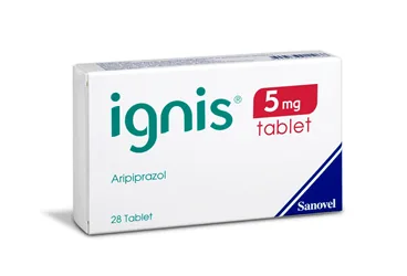 Aripiprazol içeren tablet: IGNIS 5 MG 28 TABLET ambalajı. Üretici: SANOVEL İLAÇ SANAYİ VE TİCARET ANONİM ŞİRKETİ.