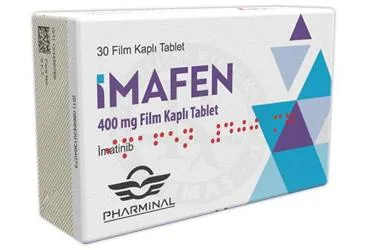 IMAFEN 400 MG FILM KAPLI TABLET (30 TABLET) kutusu. Imatinib içeren film kaplı tablet. Üretici: PHARMİNAL MEDİKAL İLAÇ ANONİM ŞİRKETİ.