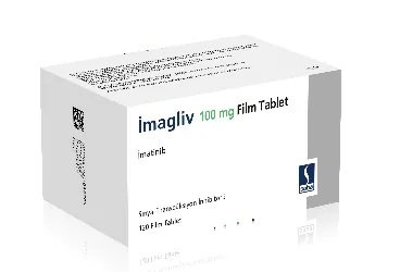 Imatinib içeren film kaplı tablet: IMAGLIV 100 MG FILM TABLET (120 TABLET) ambalajı. Üretici: SABA İLAÇ SANAYİİ VE TİCARET ANONİM ŞİRKETİ.