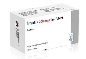 Imatinib içeren film kaplı tablet: IMATIS 200 MG 60 FILM TABLET kutusu. Üretici: DEVA HOLDİNG ANONİM ŞİRKETİ.