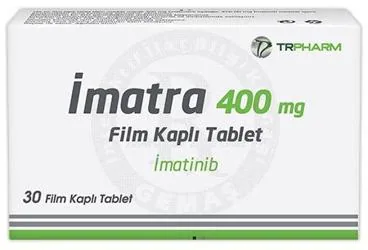IMATRA 400 MG FILM KAPLI TABLET (30 TABLET) ürün ambalajı. Imatinib içeren film kaplı tablet. Üretici: INPHARMUS İLAÇ SANAYİ TİCARET ANONİM ŞİRKETİ.