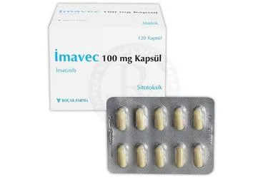 IMAVEC 100 MG KAPSUL (120 CAP) ürün ambalajı. Imatinib içeren kapsül. Üretici: KOÇAK FARMA İLAÇ VE KİMYA SANAYİ A.Ş.