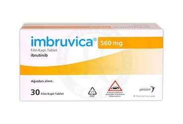 IMBRUVICA 560 MG MG FILM KAPLI TABLET (30 ADET) ürün ambalajı, film kaplı tablet formunda ibrutinib içerir. Üretici: JOHNSON AND JOHNSON SIHHİ MALZEME SANAYİ VE TİCARET LİMİTED ŞİRKETİ.