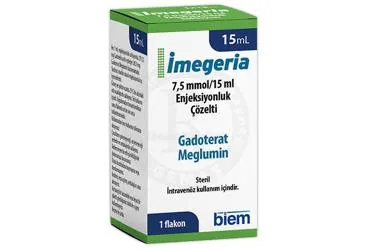 IMEGERIA 7,5 MMOL/15 ML ENJEKSIYONLUK COZELTI (15 ML 1 FLAKON) kutu fotoğrafı, çözelti formunda meglumin gadoterat içerir. Üretici: BİEM İLAÇ SAN. VE TİC. A.Ş.