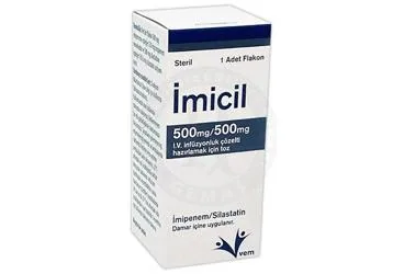 IMICIL 500 MG/500 MG IV INFUZYONLUK COZELTI HAZIRLAMAK ICIN TOZ (imipenem + silastatin sodyum) ürün ambalajı, çözelti. Üretici: VEM İLAÇ SAN. VE TİC. ANONİM ŞİRKETİ.