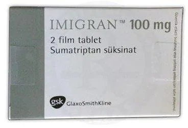 IMIGRAN 100 MG 2 TABLET ürün ambalajı. Sumatriptan içeren tablet. Üretici: GLAXOSMİTHKLİNE İLAÇLARI SAN. VE TİC. A.Ş.