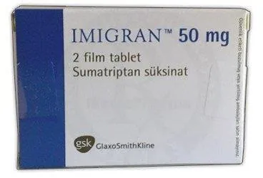 IMIGRAN 50 MG 2 TABLET kutusu. Sumatriptan içeren tablet. Üretici: GLAXOSMİTHKLİNE İLAÇLARI SAN. VE TİC. A.Ş.