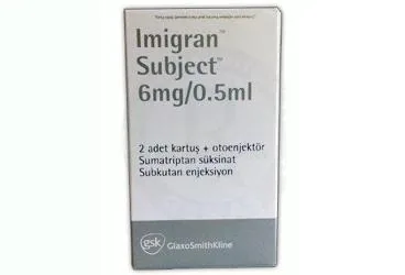 IMIGRAN SUBJECT 6MG/0,5MG 2 KARTUŞ + OTOENJEKTÖR (sumatriptan) ürün ambalajı, enjeksiyonluk ürün. Üretici: GLAXOSMİTHKLİNE İLAÇLARI SAN. VE TİC. A.Ş.