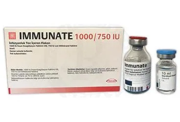 IMMUNATE 1000 IU / 750 IU IV INFUZYONLUK TOZ ICEREN FLAKON kutu fotoğrafı, flakon formunda anti hemofilik faktör 8 içerir. Üretici: TAKEDA İLAÇ SAĞLIK SANAYİ TİCARET LTD.ŞTİ.