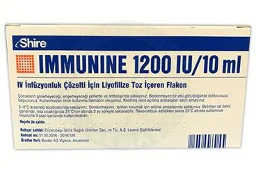 Insan faktör ix konsantresi içeren çözelti: IMMUNINE 1200 IU/10 ML IV INFUZYONLUK COZELTI ICIN LIYOFILIZE TOZ ambalajı. Üretici: TAKEDA İLAÇ SAĞLIK SANAYİ TİCARET LTD.ŞTİ.