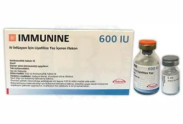 IMMUNINE 600 IU/5 ML IV INFUZYONLUK COZELTI ICIN LIYOFILIZE TOZ (1 ADET) kutu fotoğrafı, çözelti formunda insan faktör ix konsantresi içerir. Üretici: TAKEDA İLAÇ SAĞLIK SANAYİ TİCARET LTD.ŞTİ.