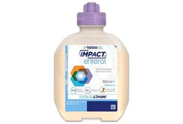Beslenme solusyonu içeren IMPACT ENTERAL 500 ML ürün ambalajı. Üretici: NESTLE TÜRKİYE GIDA SANAYİ ANONİM ŞİRKETİ.