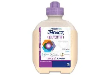 Beslenme solusyonu içeren IMPACT GLUTAMİNE 500 ML ürün ambalajı. Üretici: NESTLE TÜRKİYE GIDA SANAYİ ANONİM ŞİRKETİ.