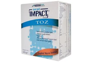 IMPACT ORAL POWDER TROPIC (74 GR*5 POSET) kutusu, toz formunda beslenme solusyonu içerir. Üretici: NESTLE TÜRKİYE GIDA SANAYİ ANONİM ŞİRKETİ.