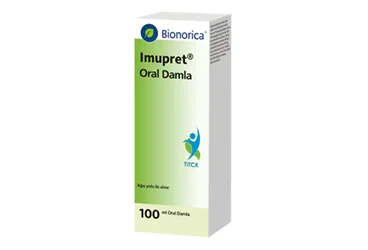 IMUPRET ORAL DAMLA (100 ML) ambalajı. Soğuk algınlığı kombinayon içeren damla. Üretici: BİONORİCA İLAÇ TİCARET A.Ş.
