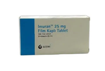 Azatiyoprin içeren film kaplı tablet: IMURAN 25 MG FILM KAPLI TABLET kutu fotoğrafı. Üretici: VLD DANIŞMANLIK TIBBİ ÜRÜNLER VE TANITIM HİZMETLERİ A. Ş.