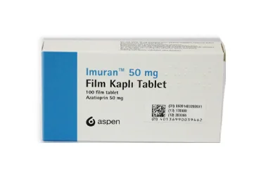 IMURAN 50 MG FILM KAPLI TABLET kutusu. Azatiyoprin içeren film kaplı tablet. Üretici: VLD DANIŞMANLIK TIBBİ ÜRÜNLER VE TANITIM HİZMETLERİ A. Ş.