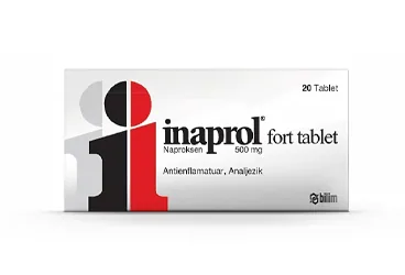 Naproksen sodyum içeren tablet: INAPROL FORT 500 MG 20 TABLET kutusu. Üretici: BİLİM İLAÇ SANAYİİ VE TİCARET A.Ş.