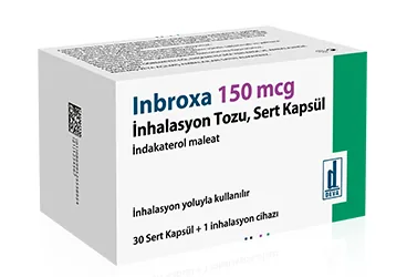 INBROXA 150 MCG INHALASYON TOZU, SERT KAPSUL (30 KAPSUL) ambalajı, inhalasyon aerosolü formunda indakaterol içerir. Üretici: DEVA HOLDİNG ANONİM ŞİRKETİ.