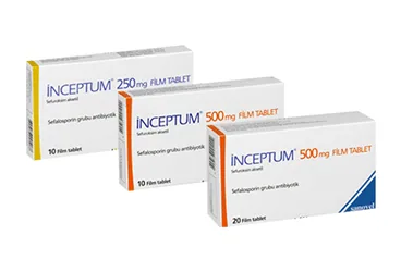 INCEPTUM 500 MG 10 FİLM TABLET (sefuroksim) ürün ambalajı, film kaplı tablet. Üretici: SANOVEL İLAÇ SANAYİ VE TİCARET ANONİM ŞİRKETİ.
