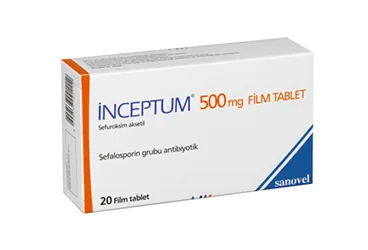 INCEPTUM 500 MG 20 FİLM TABLET kutu fotoğrafı. Sefuroksim içeren film kaplı tablet. Üretici: SANOVEL İLAÇ SANAYİ VE TİCARET ANONİM ŞİRKETİ.